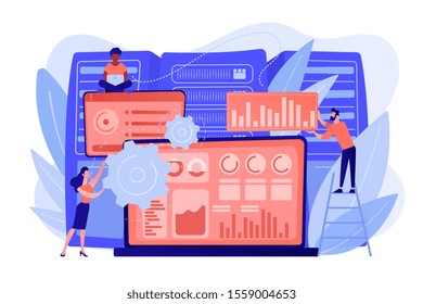 Laptop with data visualization software and developers working. Big data visualization, big data analytics, visualization software concept. Pinkish coral bluevector isolated illustration