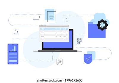 Laptop, database, working with files, cloud storage and smartphone. Flowchart. IT processes. User security. Infographic concept. Modern flat illustration, icons. Vector file.