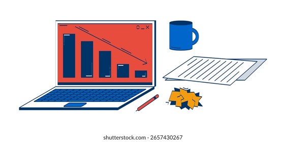 Ordenador portátil con el gráfico en declive y los objetos del garabato de los suministros de oficina 2D fijados. Gráfico de barras hacia abajo, Clipart de Vector plano de Elementos de dibujos animados de taza aislados sobre fondo blanco. Colección de ilustraciones dibujadas a mano