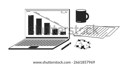 Laptop with declining graph and office supplies doodle linear objects set. Downward bar chart, mug 2D vector outline clip arts drawings isolated on white. Hand drawn sketch illustrations collection