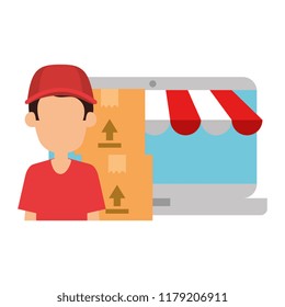 laptop with delivery worker and boxes