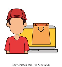 laptop with delivery worker and shopping bag