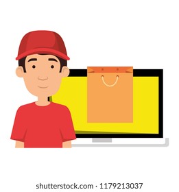 laptop with delivery worker and shopping bag