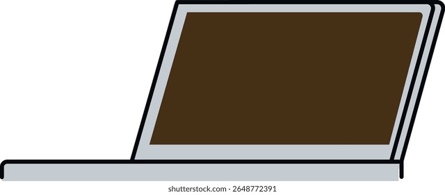 Laptop depicted from a side angle with a slightly open screen in a flat style. The device is shown with simple lines and a clear outline. Cartoon vector illustration.