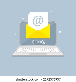 Diseño de laptops, mensajes de comunicación o recordatorios en canales en línea, ilustración de marketing digital.
