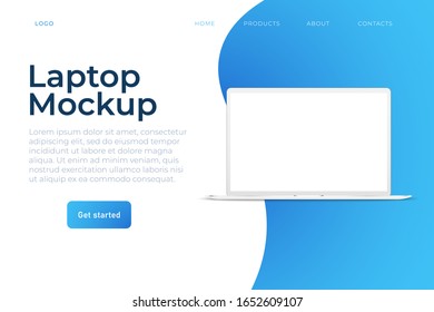 laptop design mockup, landing page template. White clean 3d realistic laptop with blank screen and modern design of web page.