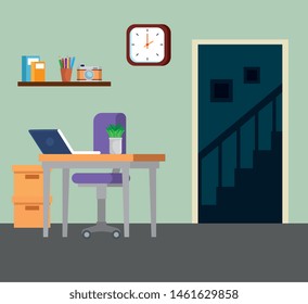 laptop with desk and chair with books data