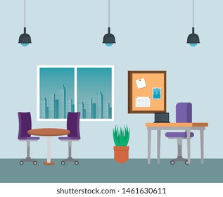 laptop in the desk with chair and table with noteboard