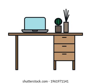 Laptop and desk vector. Workspace concept.
