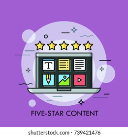 Laptop with desktop application icons on screen and five golden stars. Concept of high quality content creation, positive review, online rating. Creative vector illustration for website, web banner.