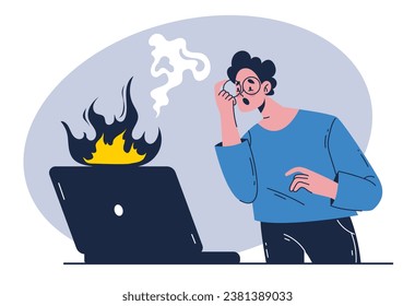 El concepto de problema del lugar de trabajo de grabación de computadora portátil roto. Ilustración de diseño gráfico plano vectorial
