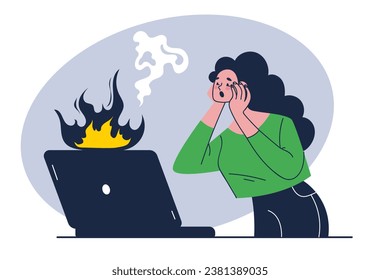 Laptop desktop broken burn workplace problem concept. Vector flat graphic design illustration
