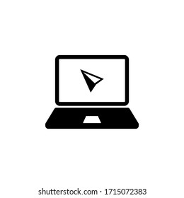 Laptop, desktop, computer icon with cursor or mouse pointe in black simple design on an isolated background. EPS 10 vector.