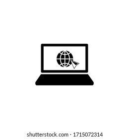 Laptop, desktop, computer icon with world wide web concept globe internetin icon in black simple design on an isolated background. EPS 10 vector