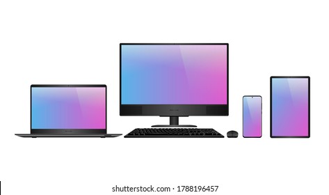Laptop, Desktop-Computer, Smartphone und Tablet-realistische Vektorgrafiken. Personal Computer und mobile Geräte für reaktionsfähiges Web-Design. Einzige Dummy-Gadgets mit Blindproben. Gerätesatz.