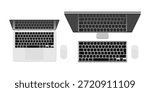 Laptop and Desktop Computer Top View Set – Notebook, Monitor, Keyboard and Mouse Workspace Layout, Modern Office Technology Vector Illustration Isolated on White Background