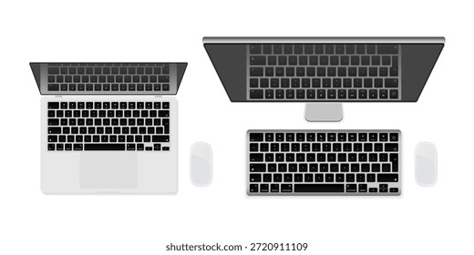 Ordenador portátil y de sobremesa Juego de vista superior: portátil, monitor, teclado y diseño de Espacio de trabajo de ratón, Ilustración vectorial de Tecnología de oficina moderna aislada sobre fondo blanco