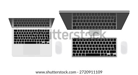 Laptop and Desktop Computer Top View Set – Notebook, Monitor, Keyboard and Mouse Workspace Layout, Modern Office Technology Vector Illustration Isolated on White Background
