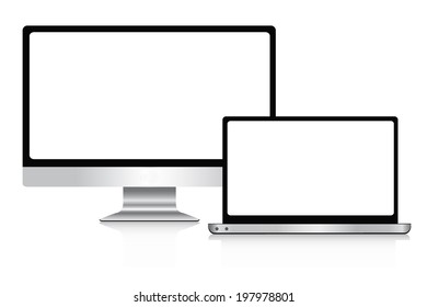 Laptop and desktop computers with white screen on a white background