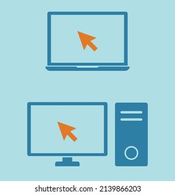 laptop and desktop pc computer with mouse pointer arrow cartoon icon set