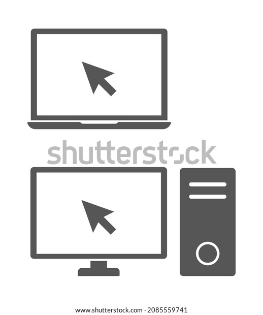 laptop and desktop pc computer with mouse pointer arrow\
icon set 