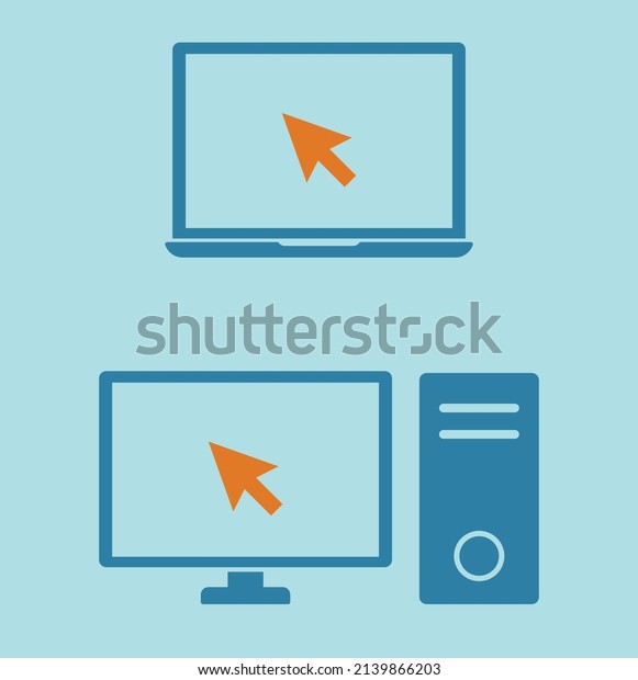 laptop and desktop pc computer with mouse pointer\
arrow cartoon icon set