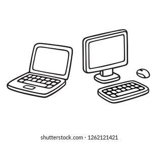 Laptop and desktop PC sketch icon. Cartoon computer doodle, isometric line drawing. Isolated vector illustration.