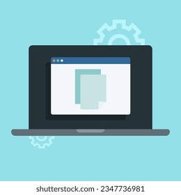 Laptop device isolated vector object. Documents on computer desctop. Information on device monitor.