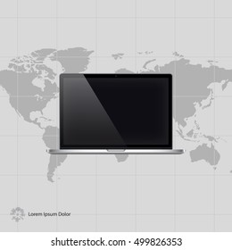 Laptop Device on Map Background. Vector Illustration.