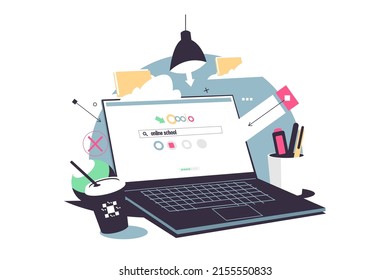 Laptop device with open web page vector illustration. Computer on desk, open internet site on screen flat style. Online school, remote education, study from home concept. Isolated on white background