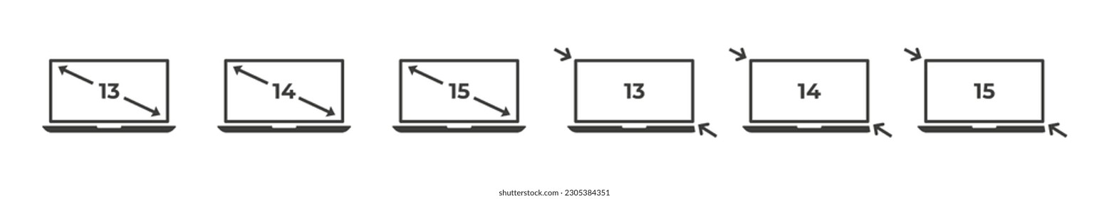 Tamaño de pantalla diagonal del portátil. 13 14 15 pulgadas de tamaño de pantalla. Ilustración vectorial.