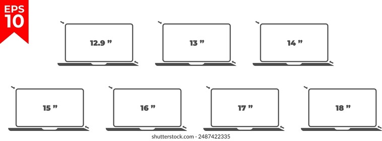 Laptop diagonal screen size icon set. 12.9, 13, 14, 15, 16, 17, 18 inch display size. Vector illustration.