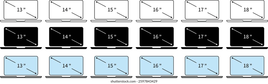 Laptop diagonal screen size icon. Display size inches. Editable Stroke. Vector illustration