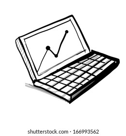 Laptop with diagram and chart. Hand drawing sketch vector illustration