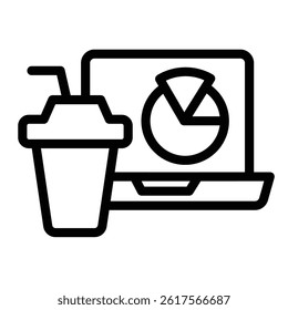 Laptop with diagram and coffee cup line icon, remote work concept. Vector graphics. Market job, marketing sign on white background, style mobile or design