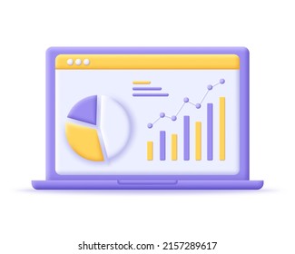 Laptop with diagram and graph on screen 3d icon. Render notebook with data analysis for business finance investment. 3d vector cartoon minimal illustration