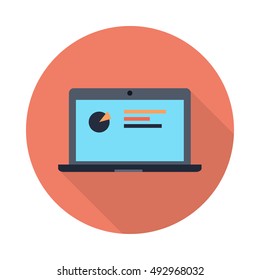 Laptop with diagram on screen. Laptop flat icon with long shadow. Laptop with infographics. Concept of online business, commerce, statistics, information. Isolated object on white background.
