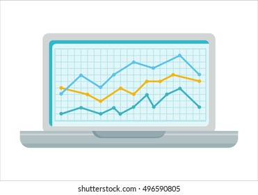 Laptop with diagram on screen. Laptop flat icon. Laptop with infographics. Concept of online business, commerce, statistics, information. Isolated object on white background. Vector illustration.