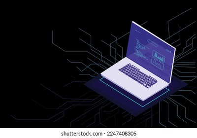 A laptop diagrams and data coding program on monitor with ligths blue line out illustration isolated on black background