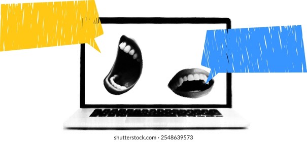 Laptop with dialog mouth on screen. Retro pop art collage.