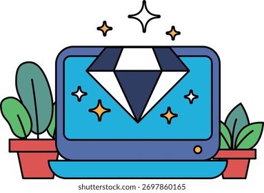 A laptop with a diamond on it is placed on a table next to a potted plant. The laptop is surrounded by a blue background, and the diamond is shining brightly. Concept of luxury and sophistication