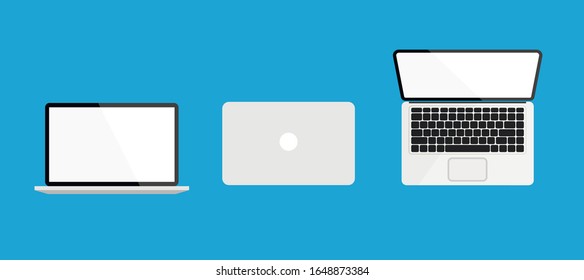 Laptop from different angles or position. Empty or blank display screen. Computer mock up isolated on blue background. Equipment for office. Vector illustration.