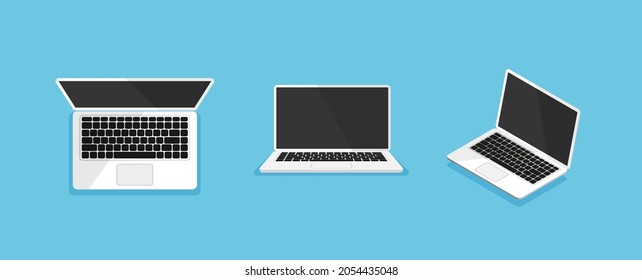 Laptop from different angles or position. Empty or blank display screen. Computer mock up isolated on blue background. Equipment for office. Front, top view and isometric.