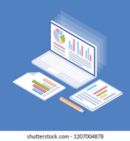 
Laptop with different bar graph and circle chart, online graphic presentation 

