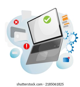 laptop with different signs on white background, colorful symbols