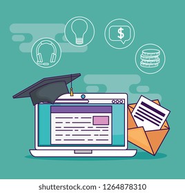laptop with digital document and cap graduation