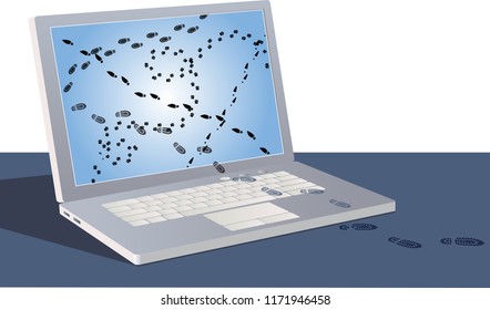 Laptop With Digital Footprints Crossing The Screen And Going Into Outside World, EPS 8 Vector Illustration