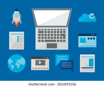 laptop with digital icon set on blue background