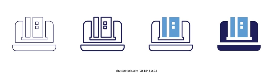 Icono de atenuador de portátil en 4 estilos diferentes. Línea delgada, línea, línea en negrita, duotono. Estilo duotono. Trazo editable.