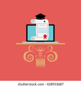 Laptop with a diploma in the form of a scroll, with a cap, and the old pattern. online learning concept. Vector illustration in a flat style